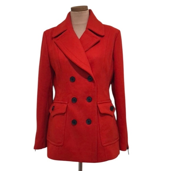 BCBGMAXAZRIA Peacoat Pea Coat Size Large Orange Red Wool Blend - Picture 1 of 13
